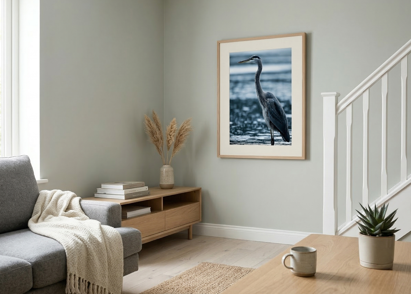 The Great Blue’s Vigil Wildlife Photorealistic Digital Painting DIY Downloadable and Printable Wall Art Print in Scandinavian Style Living Room