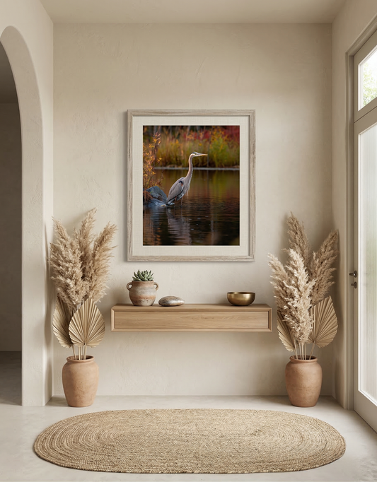 Heron Wall Art: The Patient Observer Wildlife Photorealistic Digital Painting DIY Downloadable and Printable Wall Art Print in Organic Modern Style Entryway