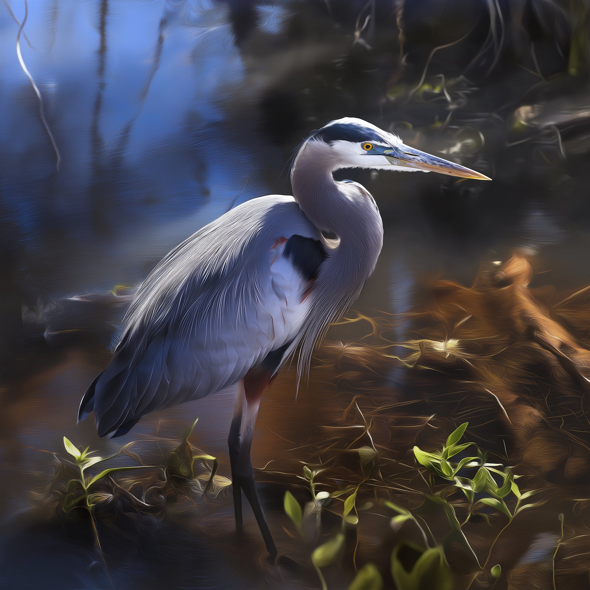 Great Blue Heron Wall Art: The Silent Sentinel Wildlife Photorealistic Digital Painting