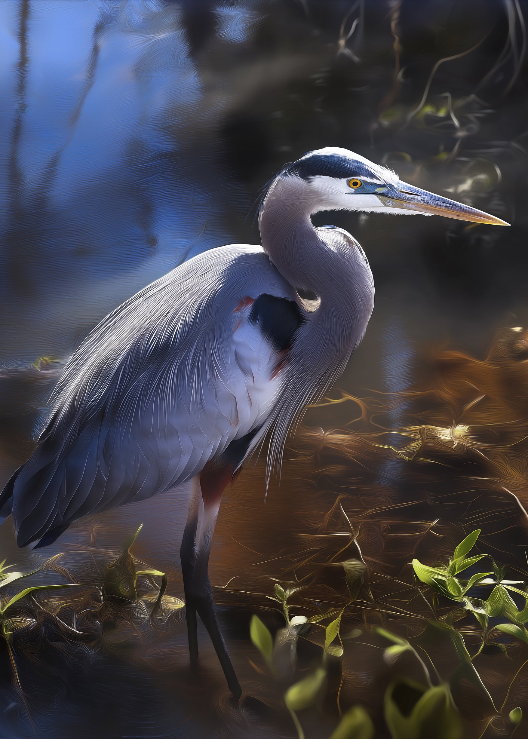 Great Blue Heron Audubon Print: The Silent Sentinel Wildlife Photorealistic Digital Painting 3