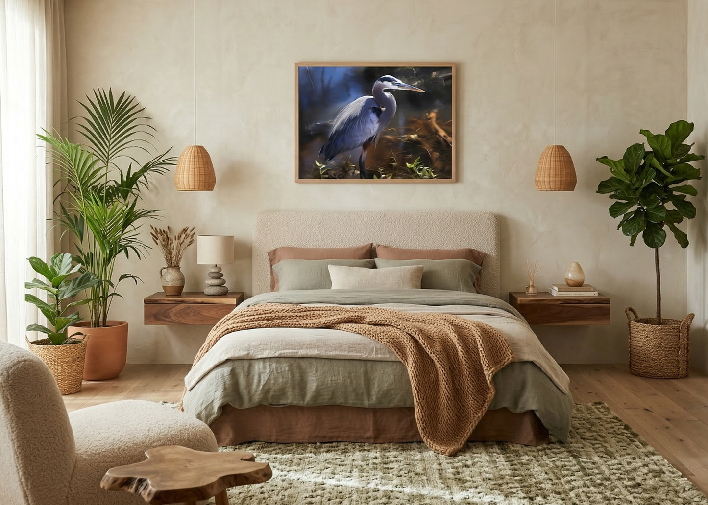 Blue Heron Art Print: The Silent Sentinel Wildlife Photorealistic Digital Painting DIY Downloadable and Printable Framed in Modern Organic Style Bedroom