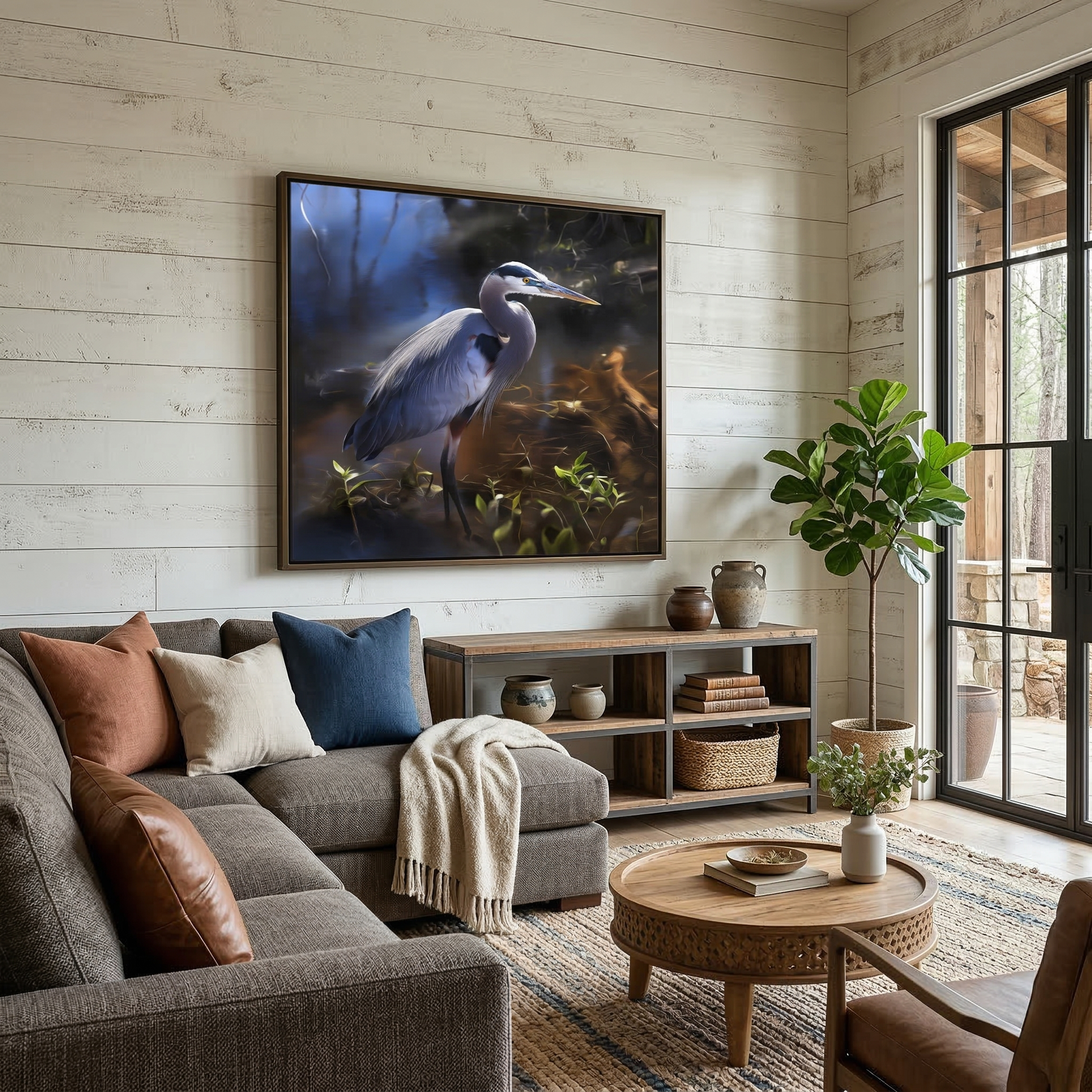 Large Heron Wall Art: The Silent Sentinel Wildlife Photorealistic Digital Painting DIY Downloadable and Printable Print in Modern Rustic Style Living Room