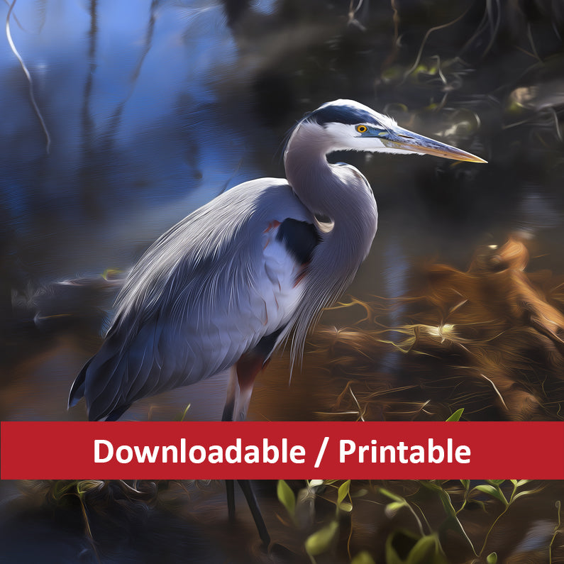 Audubon Blue Heron Print: The Silent Sentinel Wildlife Photorealistic Digital Painting DIY Downloadable and Printable Wall Art