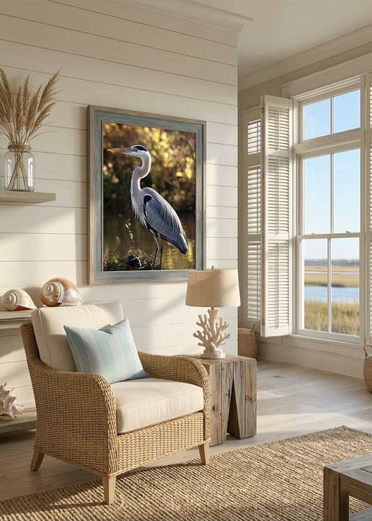 Blue Heron Paintings for Sale: The Silent Shoreline Wildlife Photorealistic Digital Painting DIY Downloadable and Printable Wall Art Print in Coastal Style Living Room