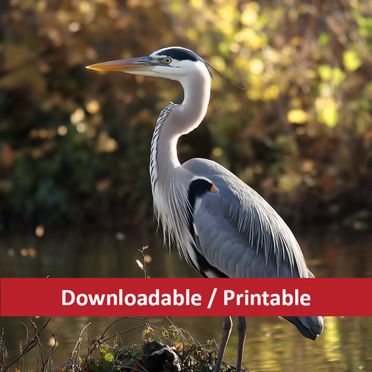 Great Blue Heron Painting: The Silent Shoreline Wildlife Photorealistic Digital Painting DIY Downloadable and Printable Wall Art Prints