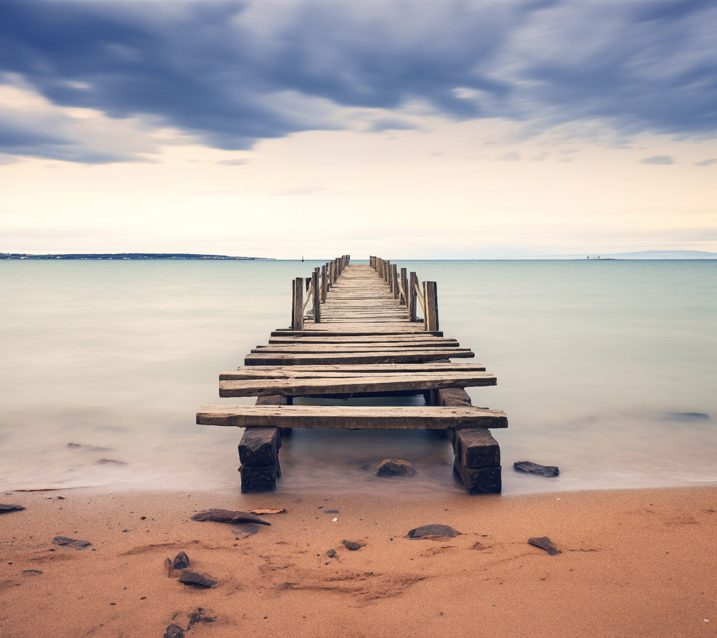 Tranquil Tides Abandoned Weathered Pier Beach Subdued Photorealism - Digital Artwork Loose Art Print