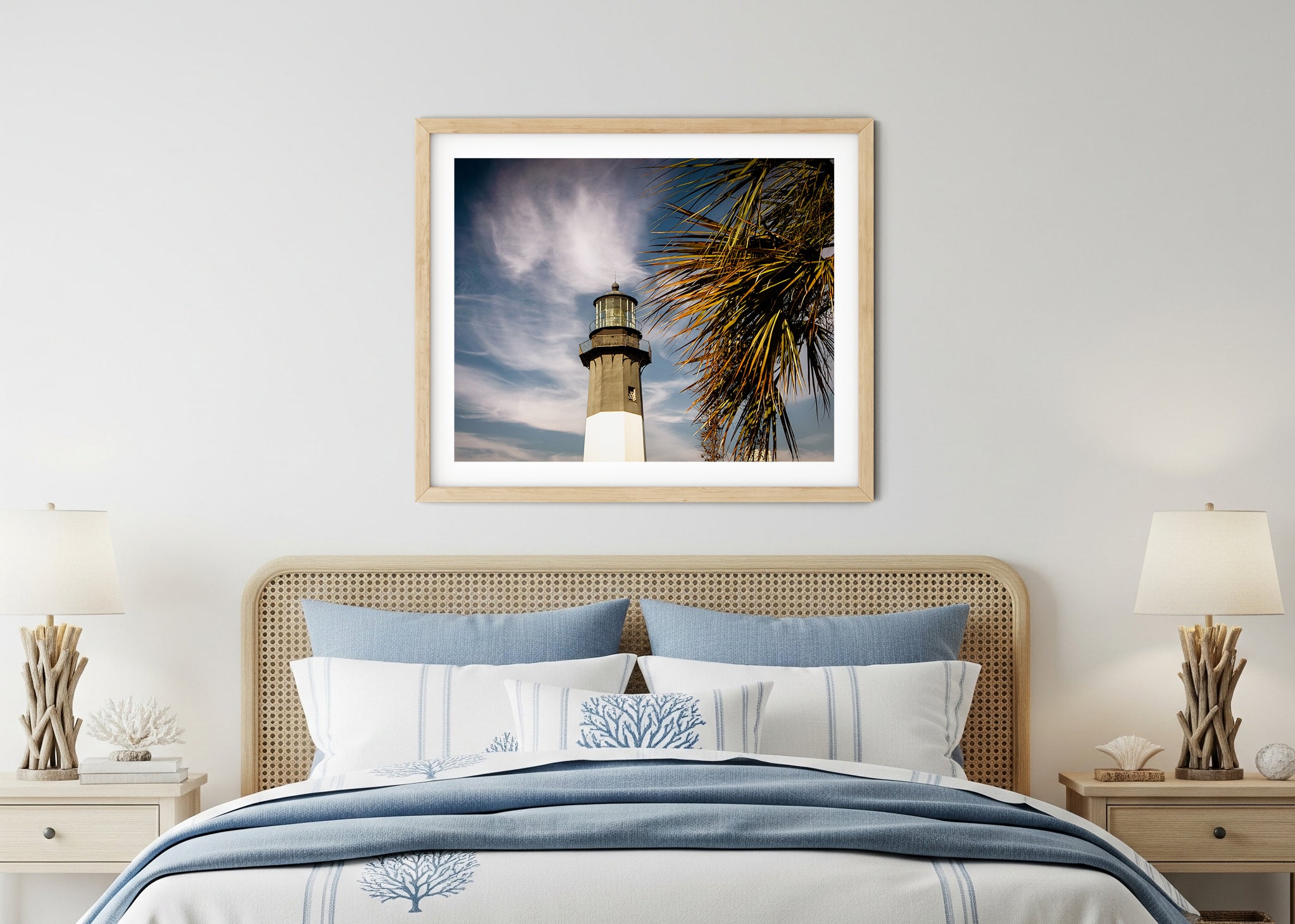 Tybee Island Lighthouse 2  in Boho Nautical Bedroom Setting Custom Framed