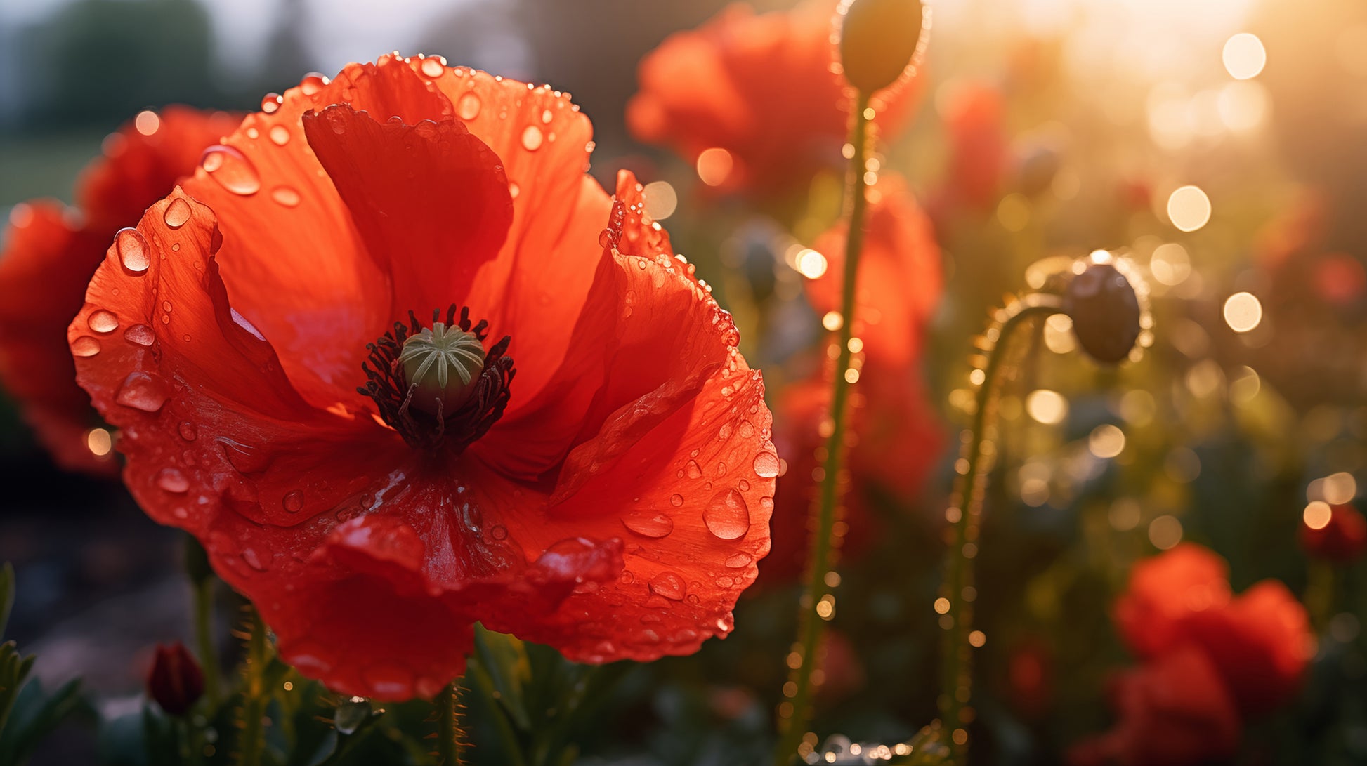 Wall Art Pictures of Flowers: A Single Tear of Red Photorealistic Poppy Flower in Sunset- Digital Artwork Loose Art Print