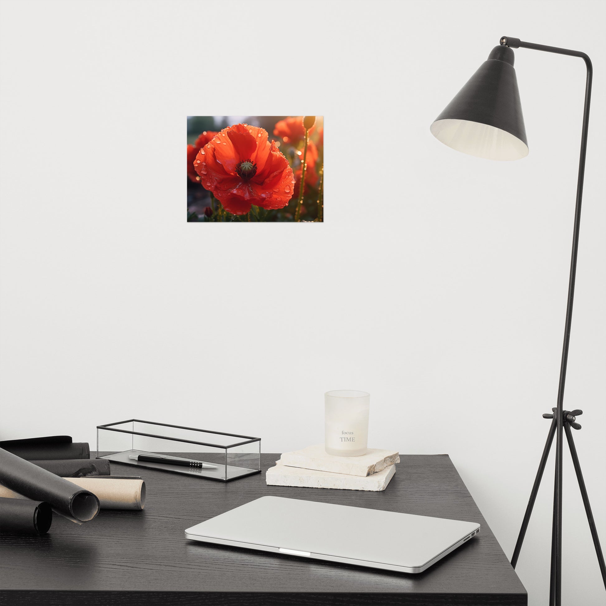 Wall Art Prints Flowers: A Single Tear of Red Photorealistic Poppy Flower in Sunset- Digital Artwork Loose Art Print