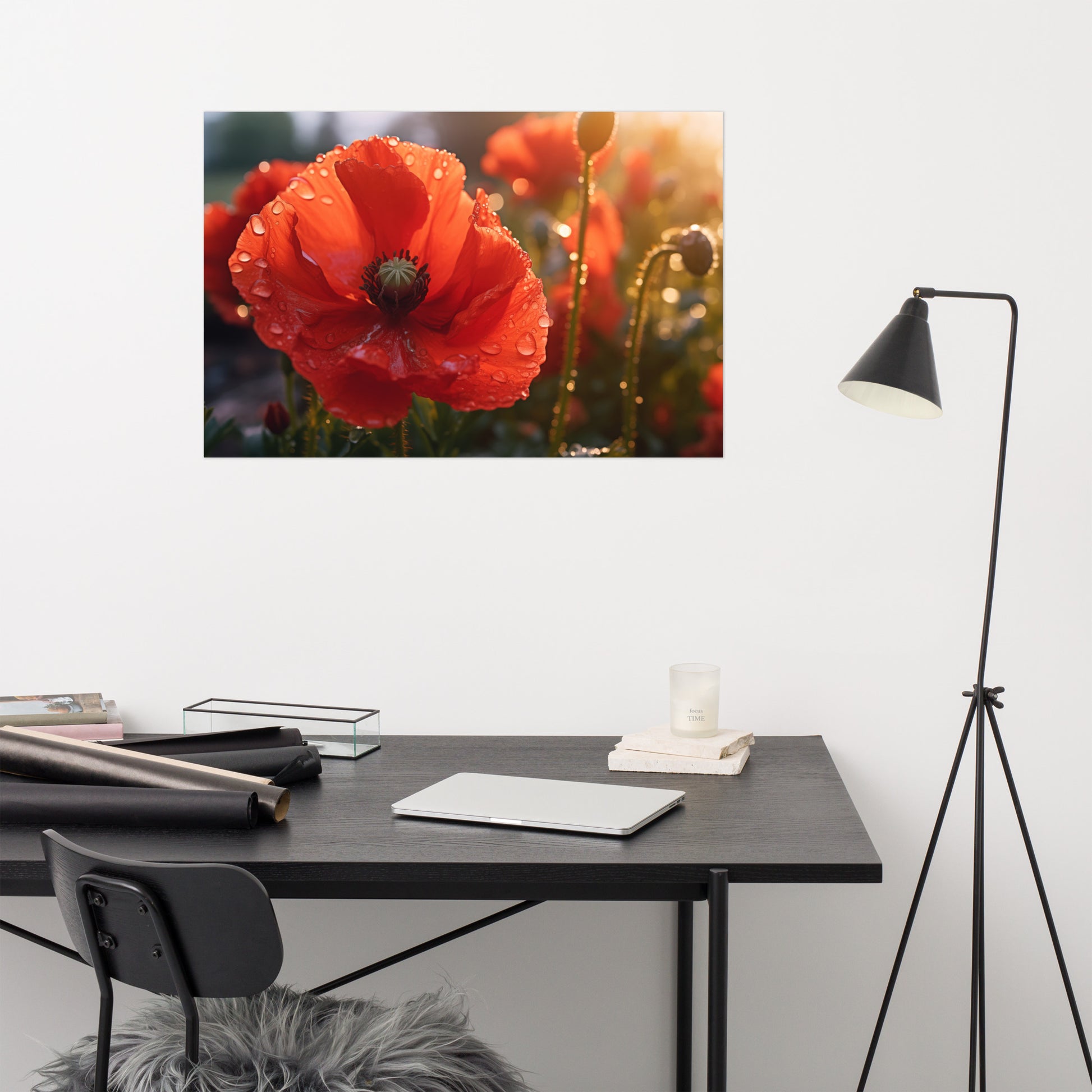 Wall Flower Print: A Single Tear of Red Photorealistic Poppy Flower in Sunset- Digital Artwork Loose Art Print