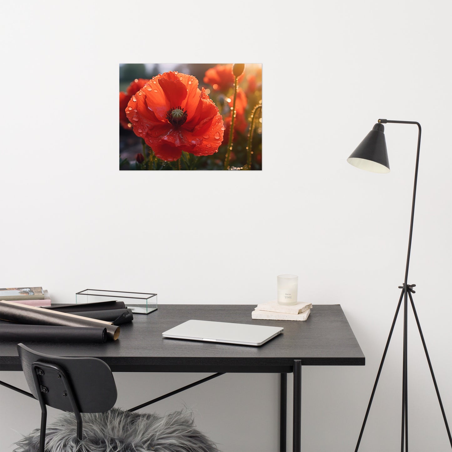 Wall Picture Flower: A Single Tear of Red Photorealistic Poppy Flower in Sunset- Digital Artwork Loose Art Print