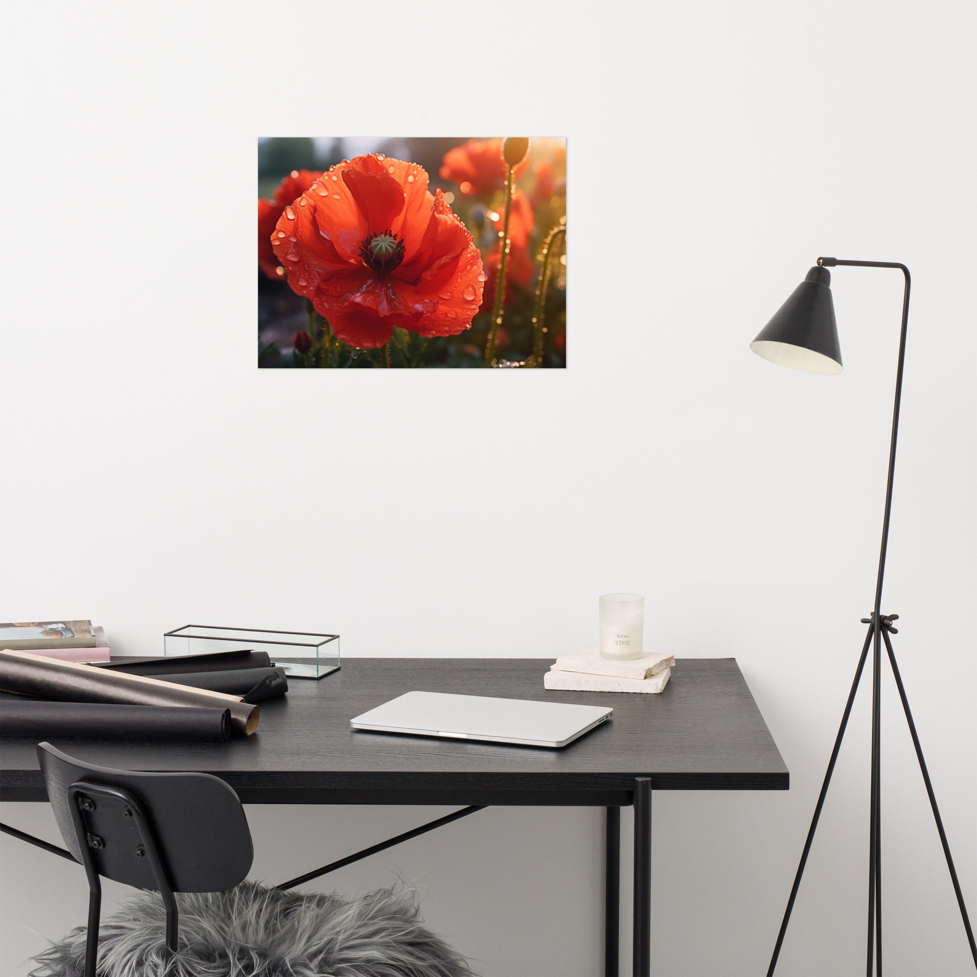 Wall Picture Flower: A Single Tear of Red Photorealistic Poppy Flower in Sunset- Digital Artwork Loose Art Print