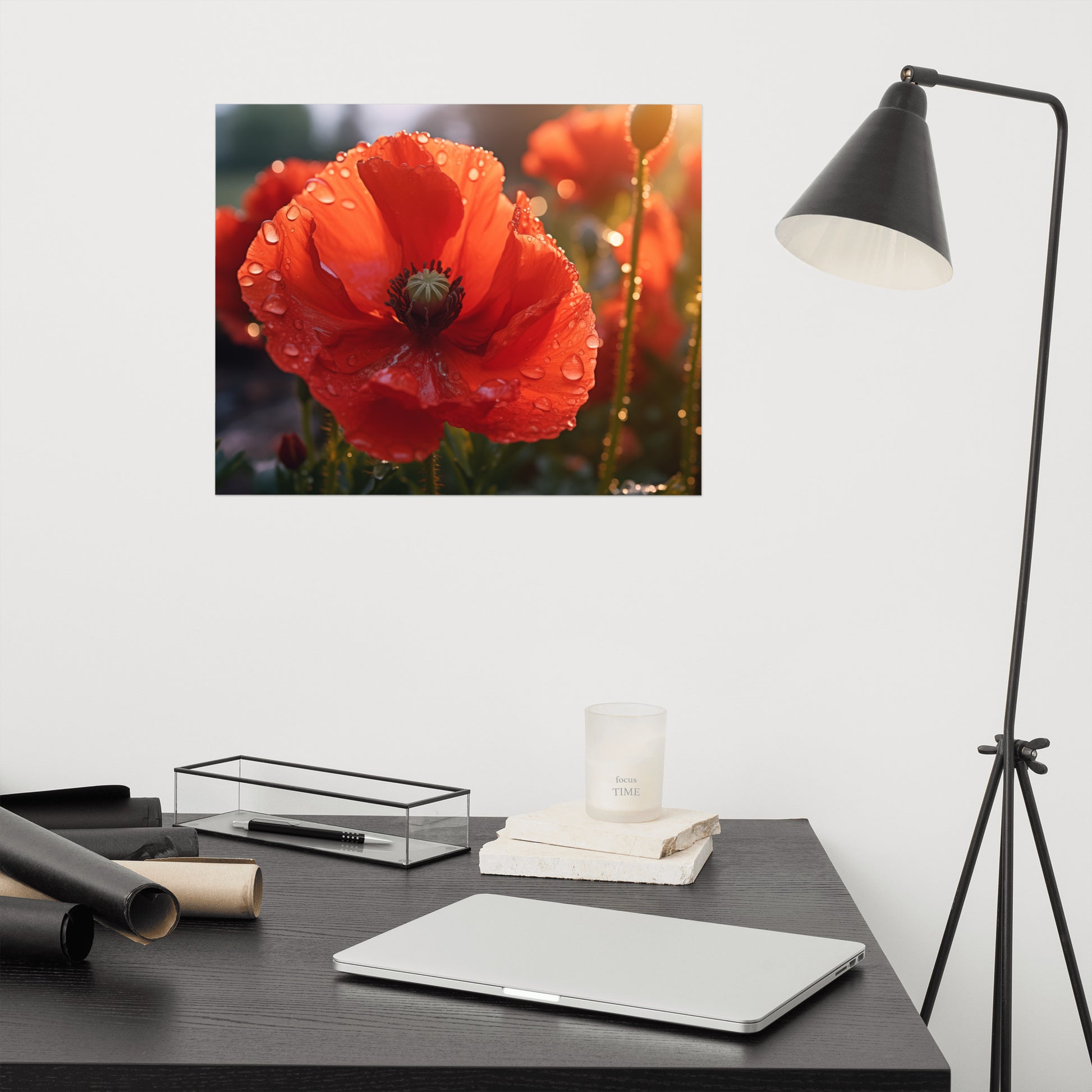 Wall Pictures with Flowers: A Single Tear of Red Photorealistic Poppy Flower in Sunset- Digital Artwork Loose Art Print