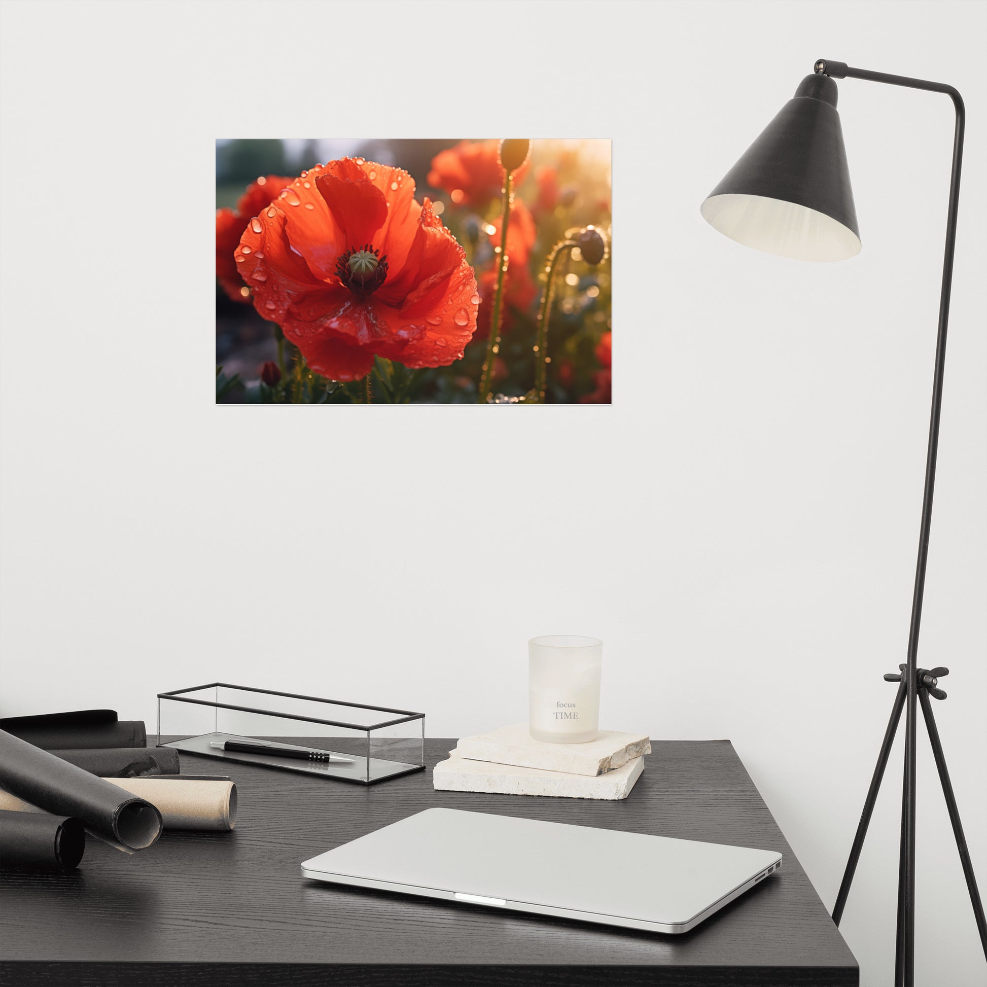 Wall Print Flower: A Single Tear of Red Photorealistic Poppy Flower in Sunset- Digital Artwork Loose Art Print