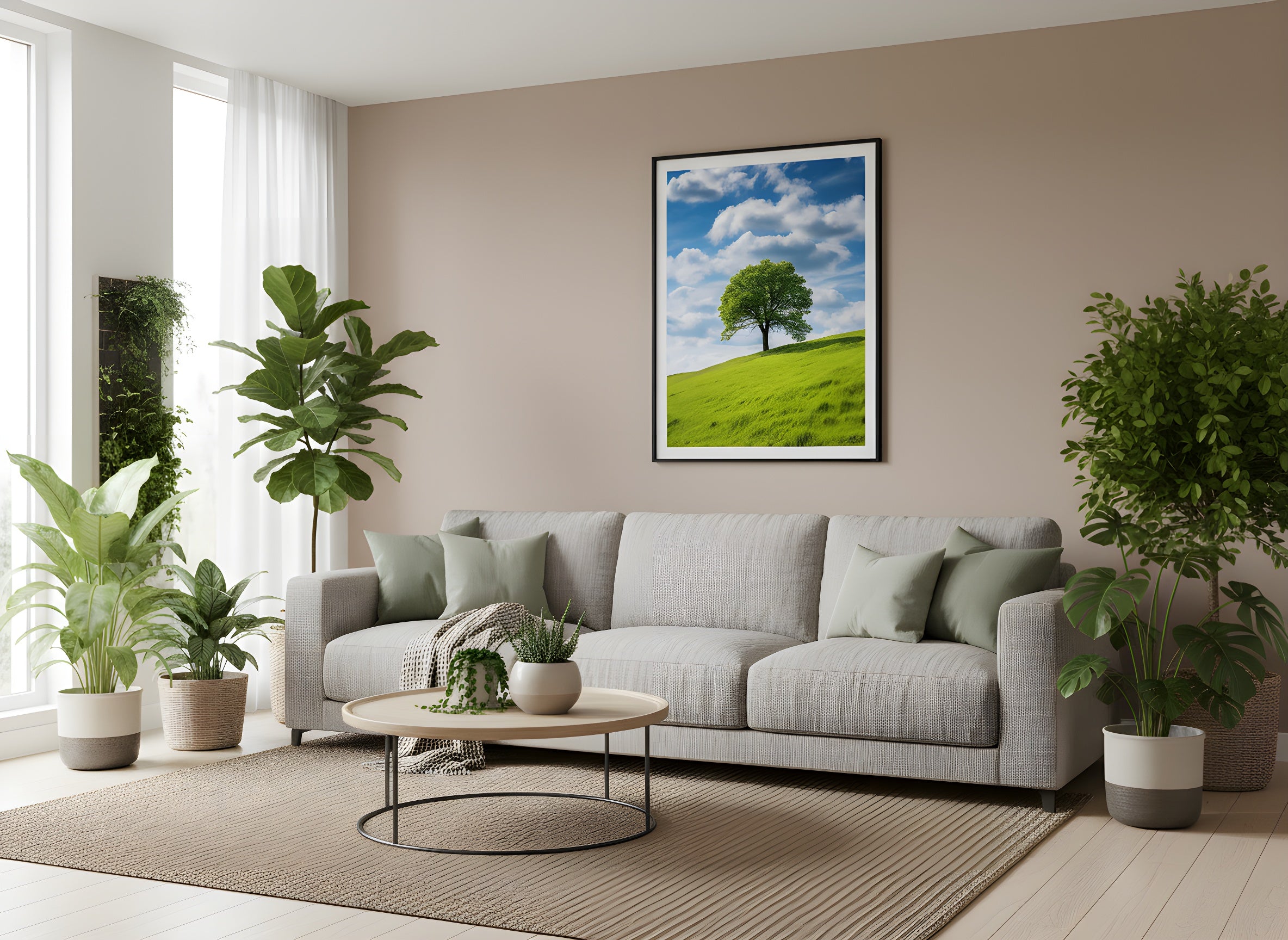 Where Earth Meets Sky Minimal Botanical Photorealistic Digital Artwork Custom Framed in Modern Living Room Setting 2