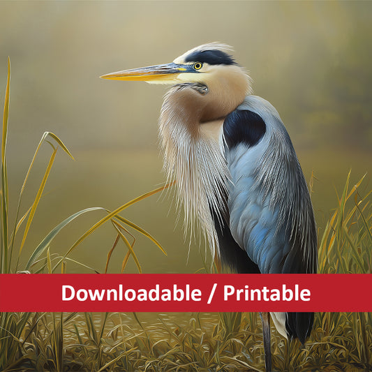 Heron Wall Hanging: Whispers of the Wetlands Wildlife Photorealistic Digital Painting DIY Downloadable and Printable Wall Art Prints
