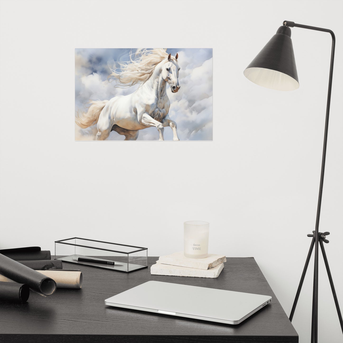 White Horse Painting: A Field of Joy Watercolor Digital Artwork Loose Art Print