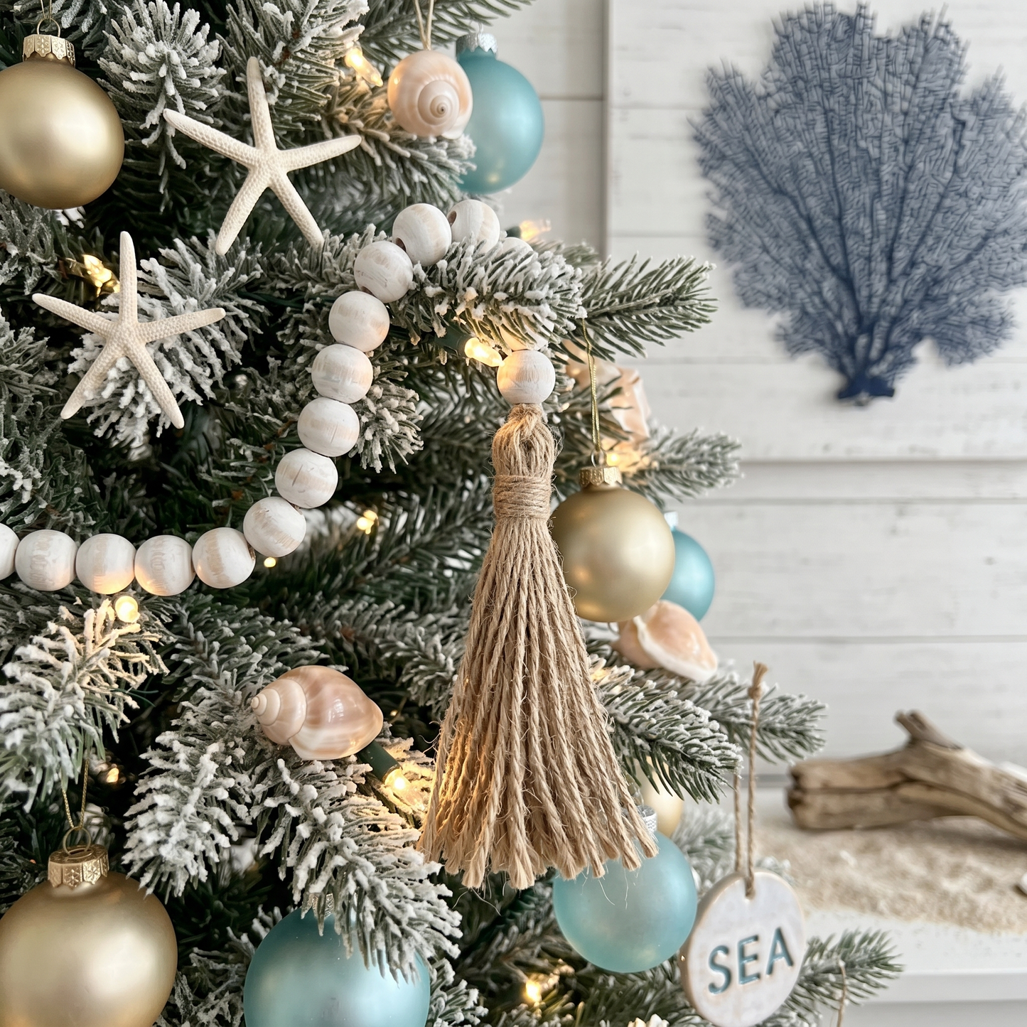White Distressed Wood Bead Garland Strand Jute Tassels - Boho Style Desktop & Shelf Decoration, Rosary Home Accent 12" - 84" Custom Lengths