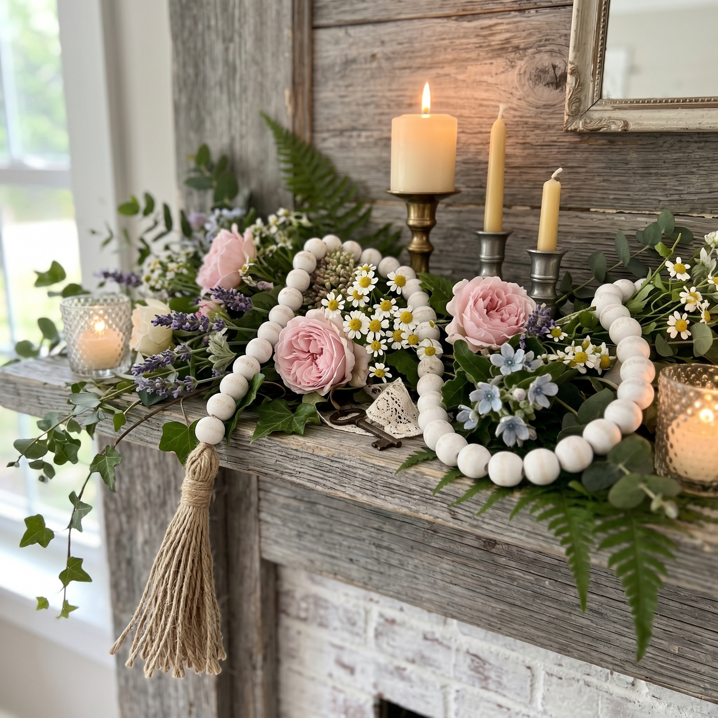 White Distressed Wood Bead Garland Strand Jute Tassels - Boho Style Desktop & Shelf Decoration, Rosary Home Accent 12" - 84" Custom Lengths