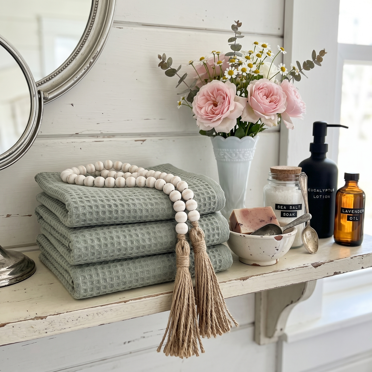 White Distressed Wood Bead Garland Strand Jute Tassels - Boho Style Desktop & Shelf Decoration, Rosary Home Accent 12" - 84" Custom Lengths