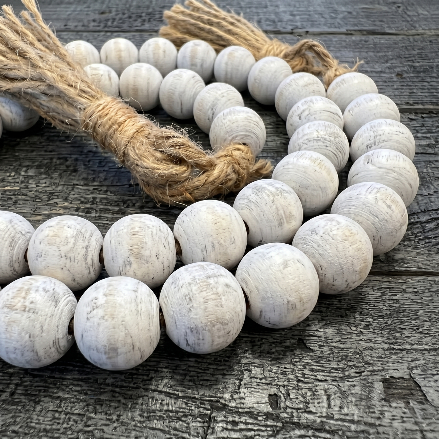 White Distressed Wood Bead Garland Strand Jute Tassels - Boho Style Desktop & Shelf Decoration, Rosary Home Accent 12" - 84" Custom Lengths