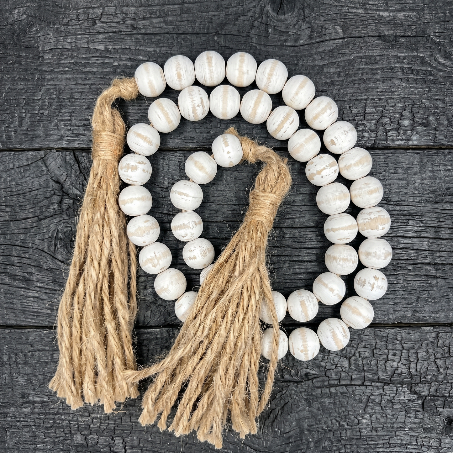 White Distressed Wood Bead Garland Strand Jute Tassels - Boho Style Desktop & Shelf Decoration, Rosary Home Accent 12" - 84" Custom Lengths