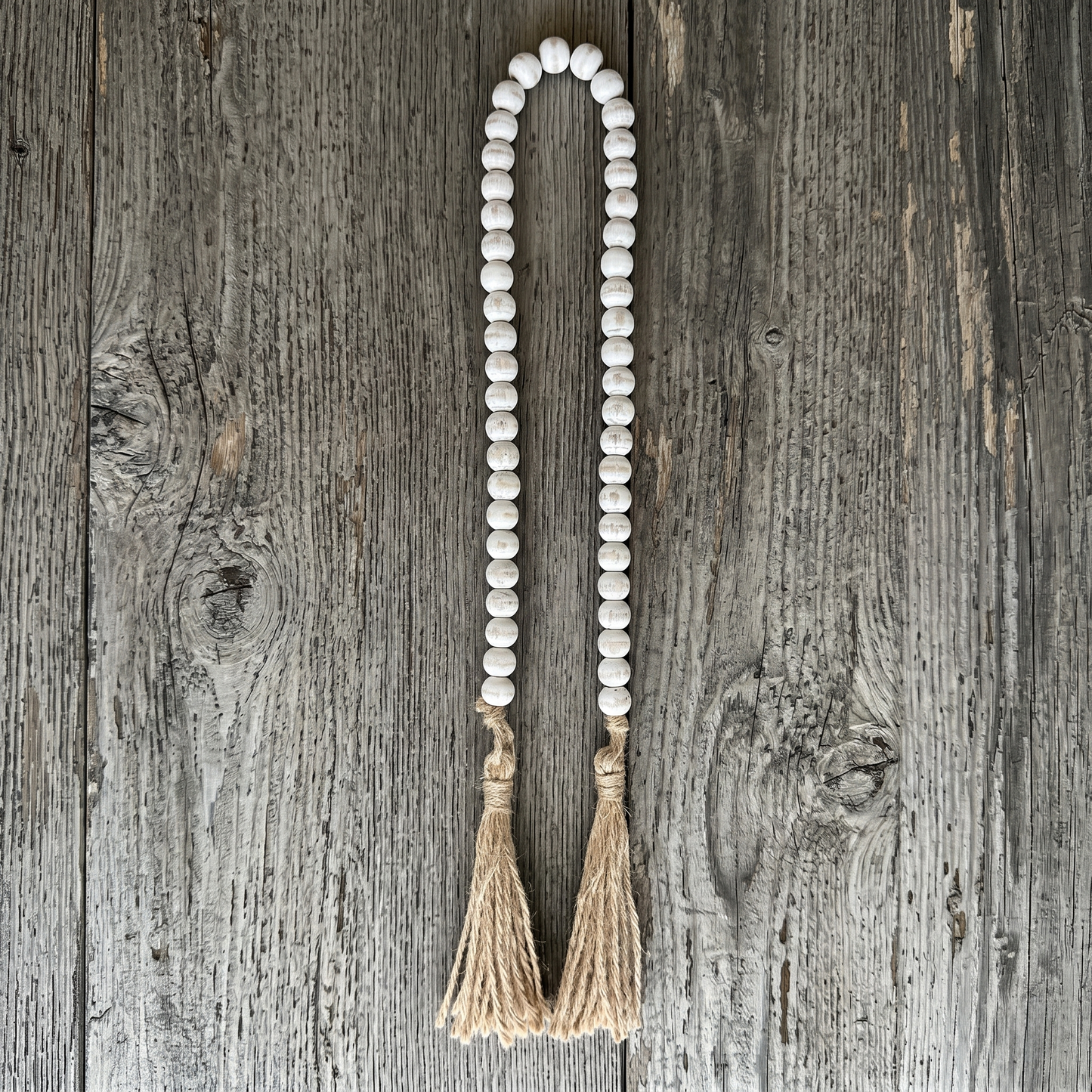 White Distressed Wood Bead Garland Strand Jute Tassels - Boho Style Desktop & Shelf Decoration, Rosary Home Accent 12" - 84" Custom Lengths