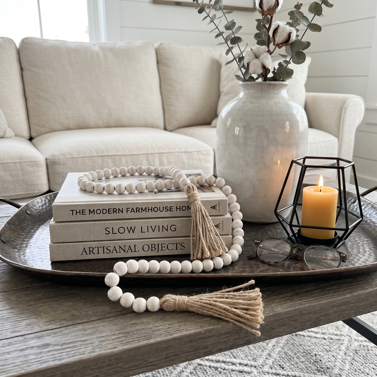 White Distressed Wood Bead Garland Strand Jute Tassels - Boho Style Desktop & Shelf Decoration, Rosary Home Accent 12" - 84" Custom Lengths