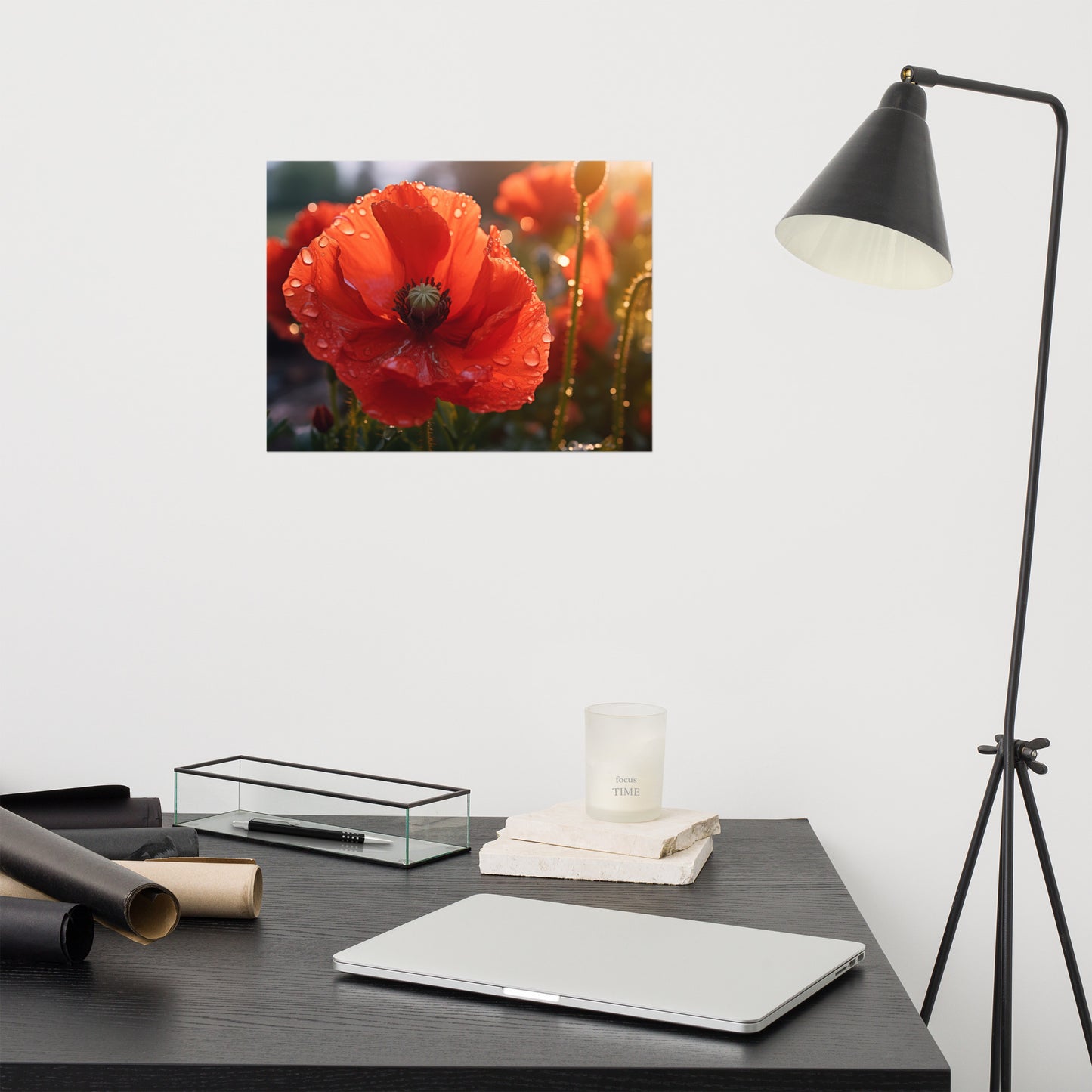 Wild Flower Poster: A Single Tear of Red Photorealistic Poppy Flower in Sunset- Digital Artwork Loose Art Print