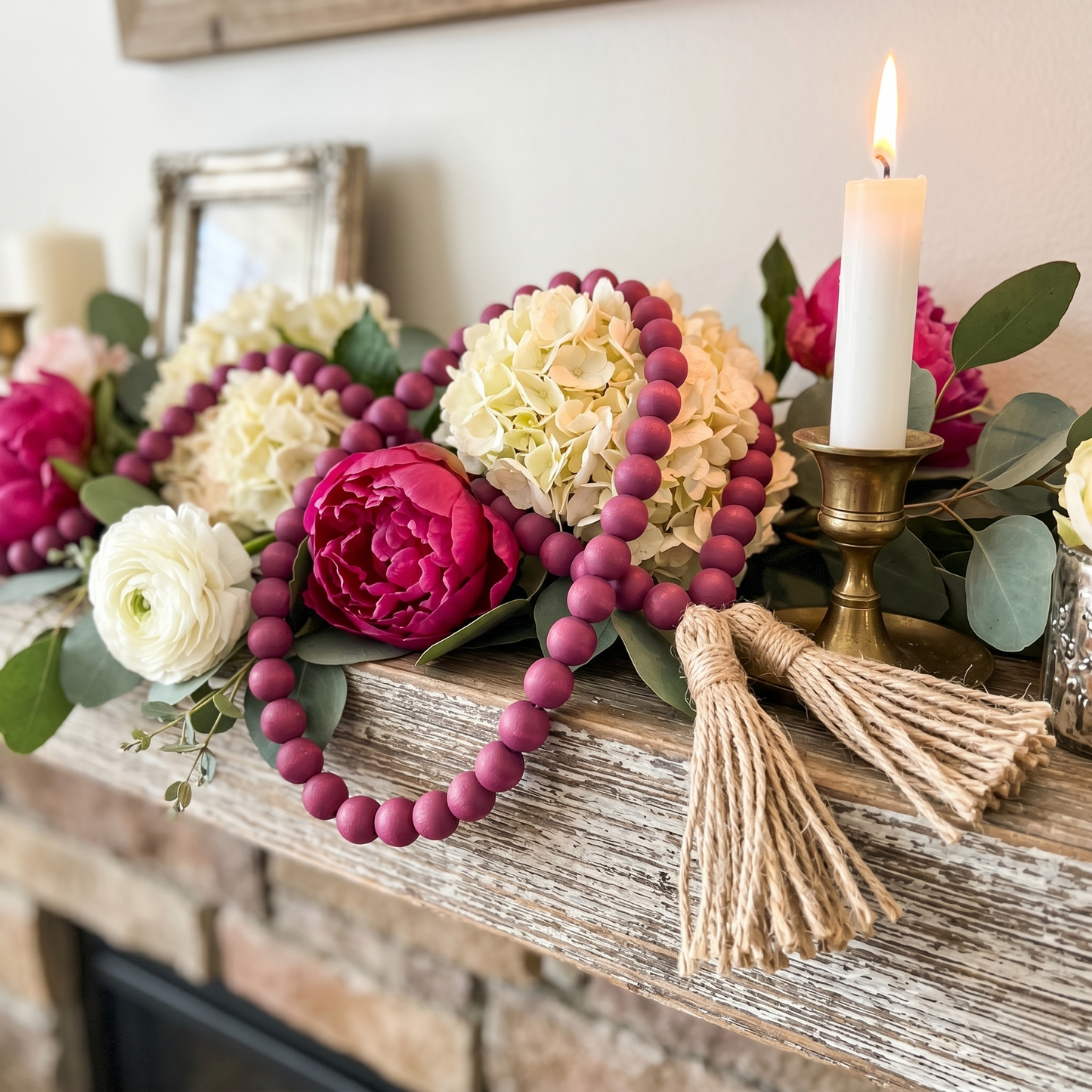 Wine Plum Wood Bead Garland on Modern Farmhouse Mantel Centerpiece
