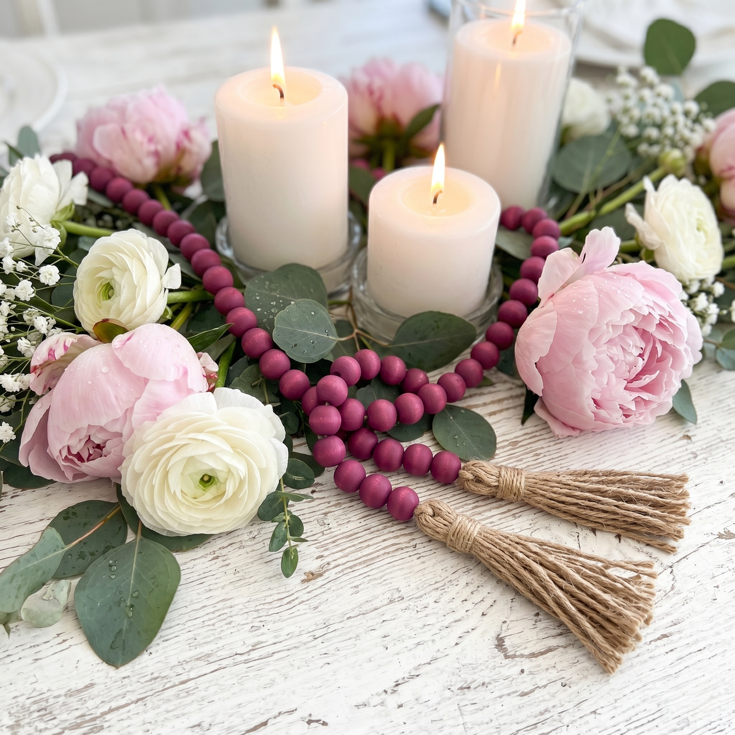 Wine Plum Wood Bead Garland (6) In Shabby Chic Tabletop Centerpiece