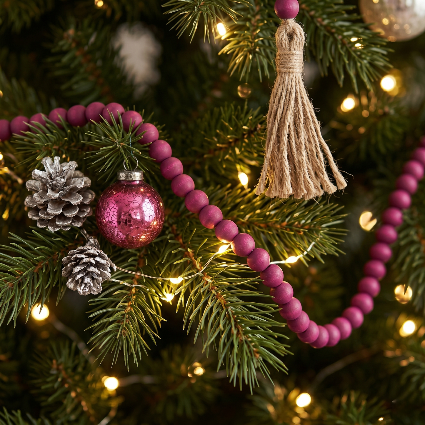 Wine Plum Wood Bead Garland in Boho Style Christmas Tree