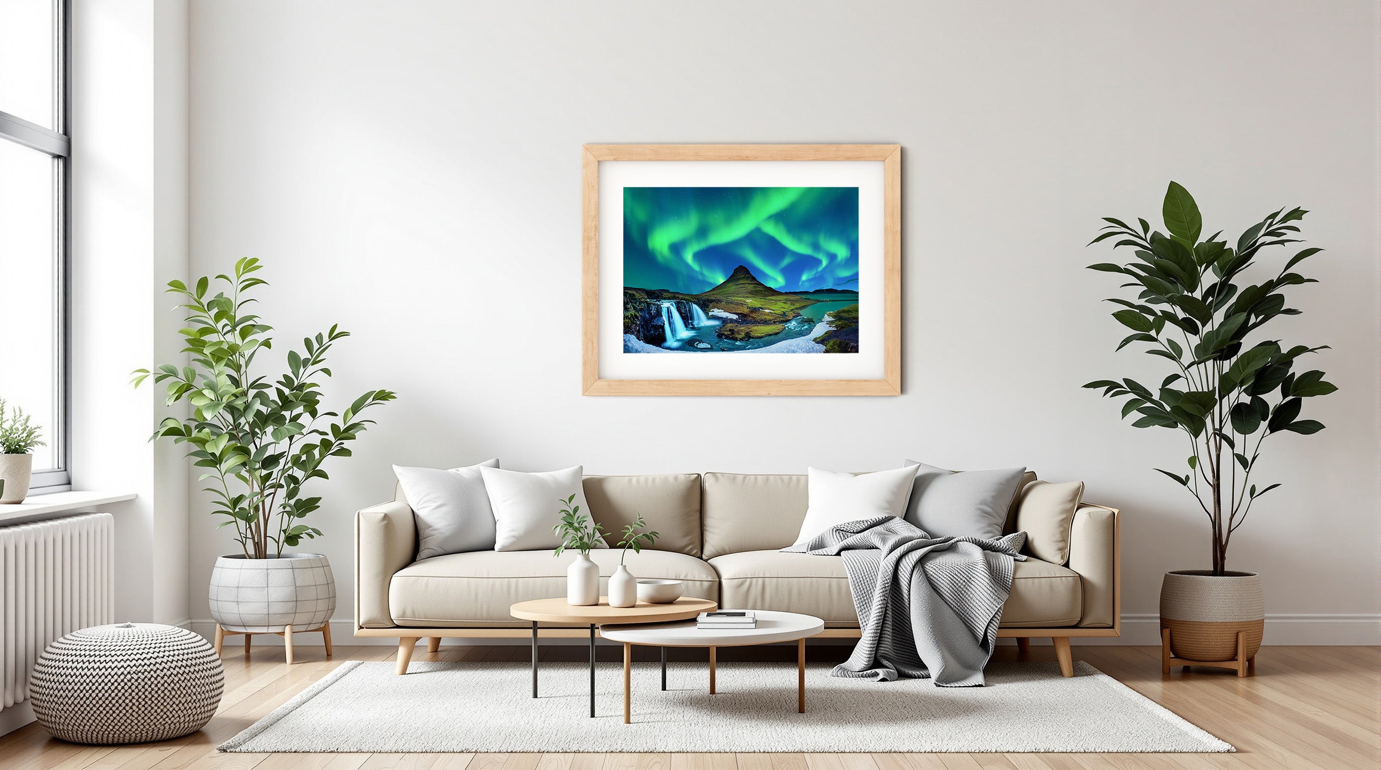 Winter Mountain Northern Lights Landscape Photograph loose Wall Art Print Custom Framed in Scandinavian Style Living Room