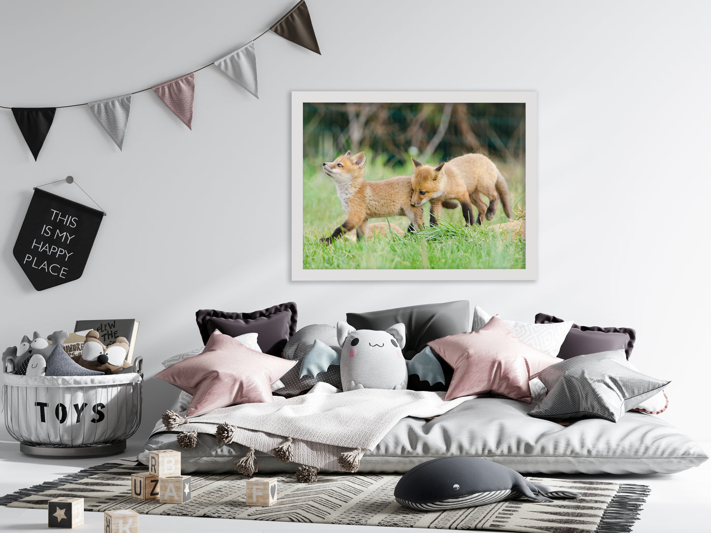 Wall Art Child'S Room: Playful Baby Red Fox Pups In Field - Animal / Wildlife / Nature Artwork - Wall Decor - Framed Wall Art Print
