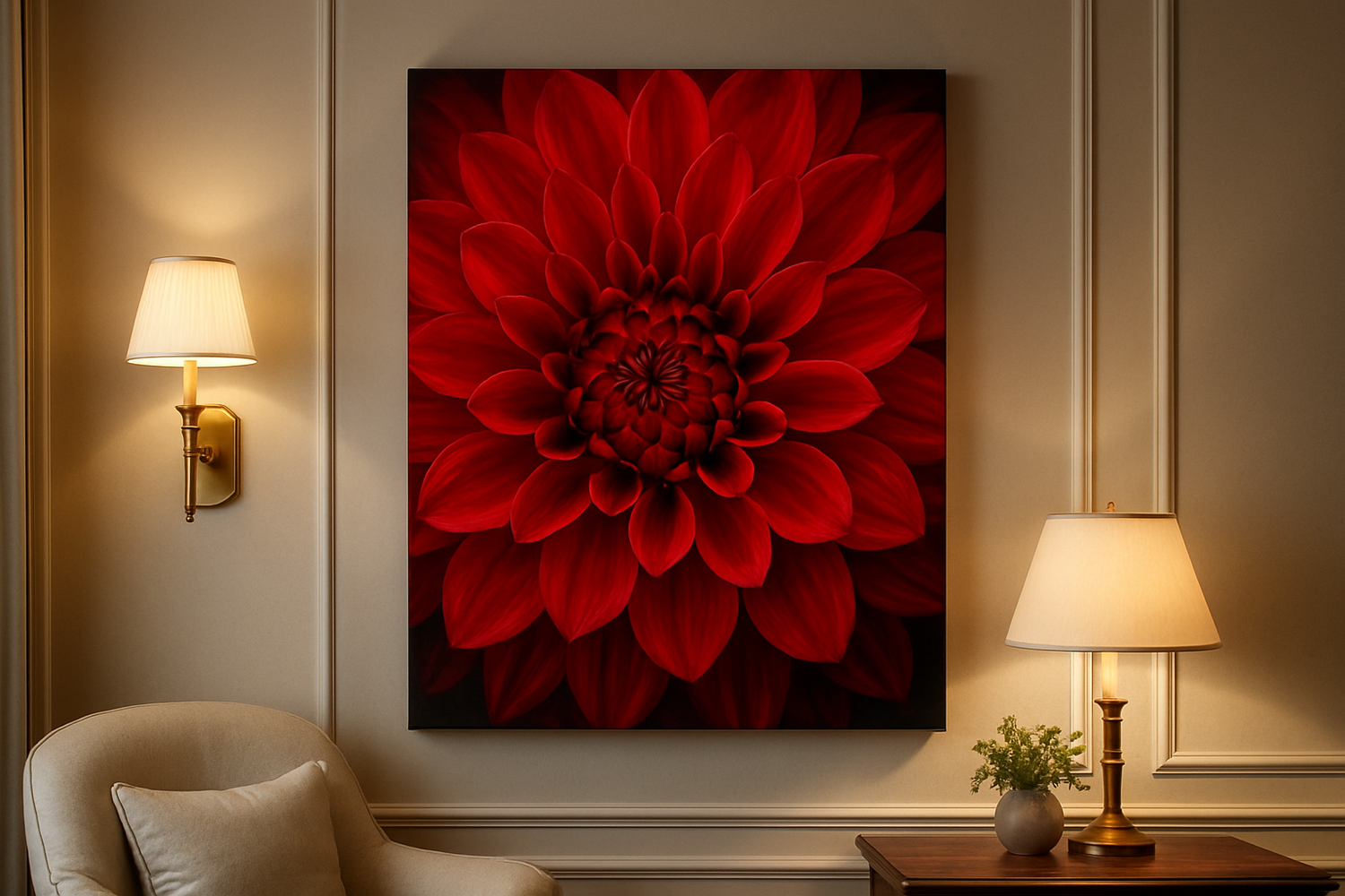 a museum quality canvas print of a close-up on a vivid red flower, in a sophisticated room setting