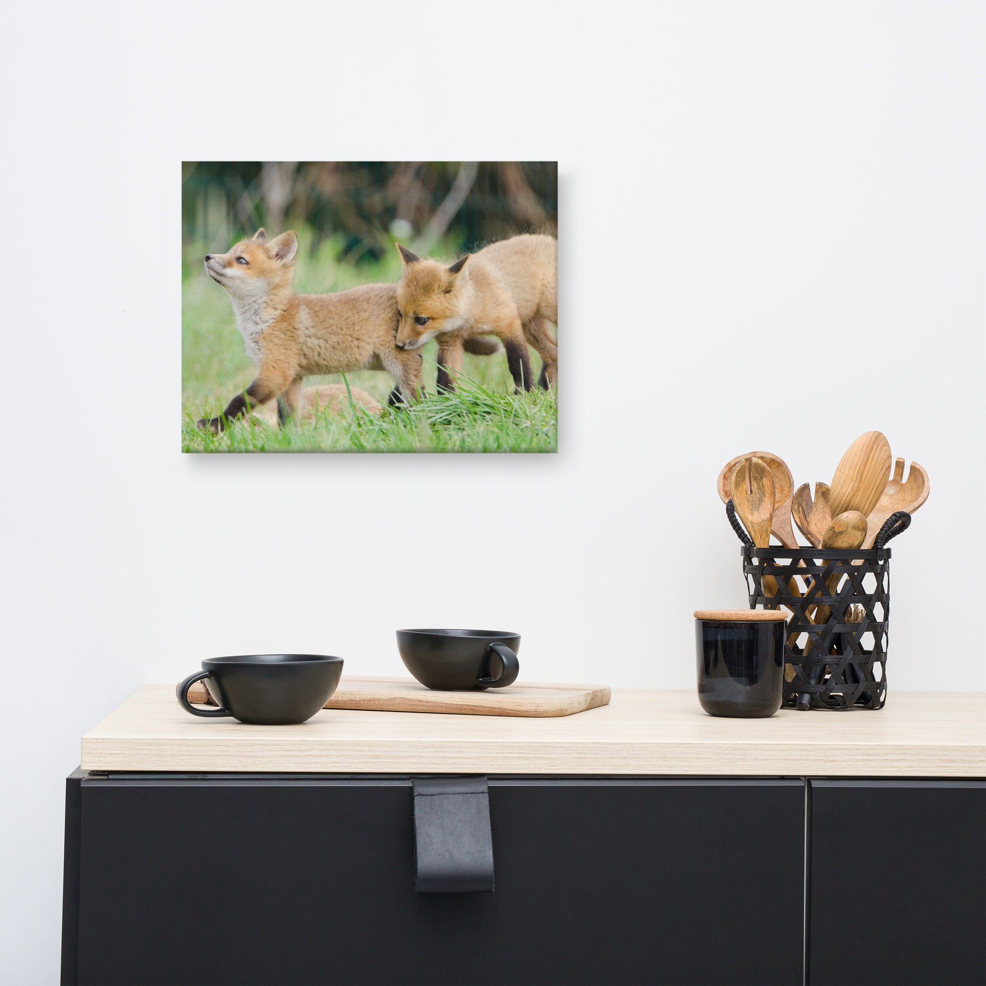 Canvas Prints Childrens Bedrooms: Playful Red Fox Pups In Field Animal / Wildlife / Nature Photograph Canvas Wall Art Print - Artwork