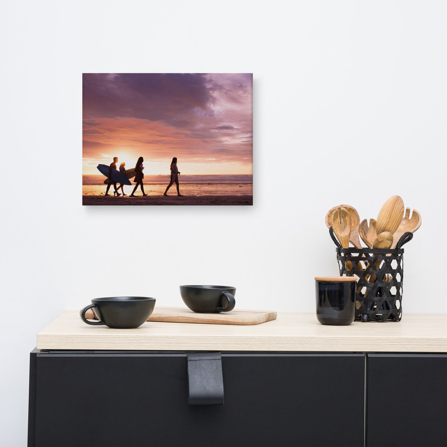 Surfers and Sunset on the Shore Coastal Landscape Lifestyle Photograph Canvas Wall Art Print