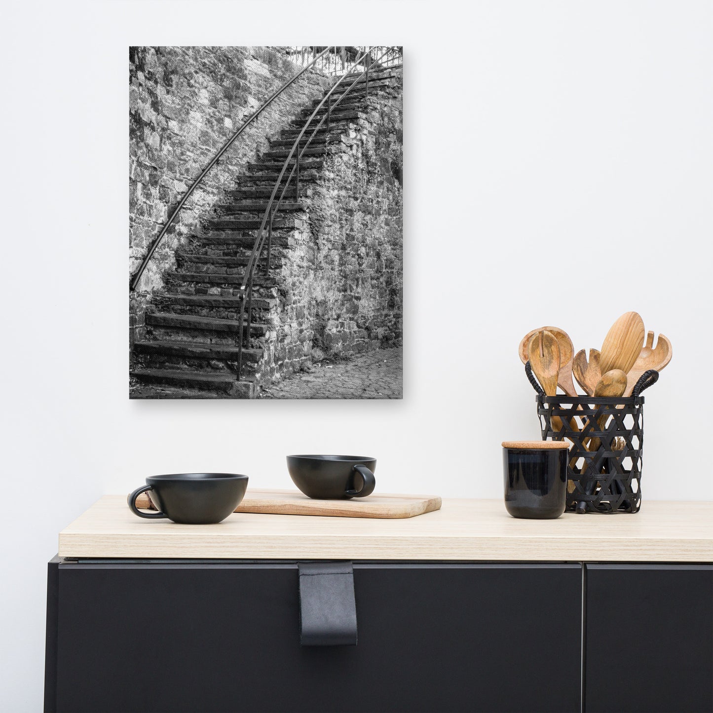 Black and White Old Stone Stairs River Street Savannah GA Canvas Wall Art Prints