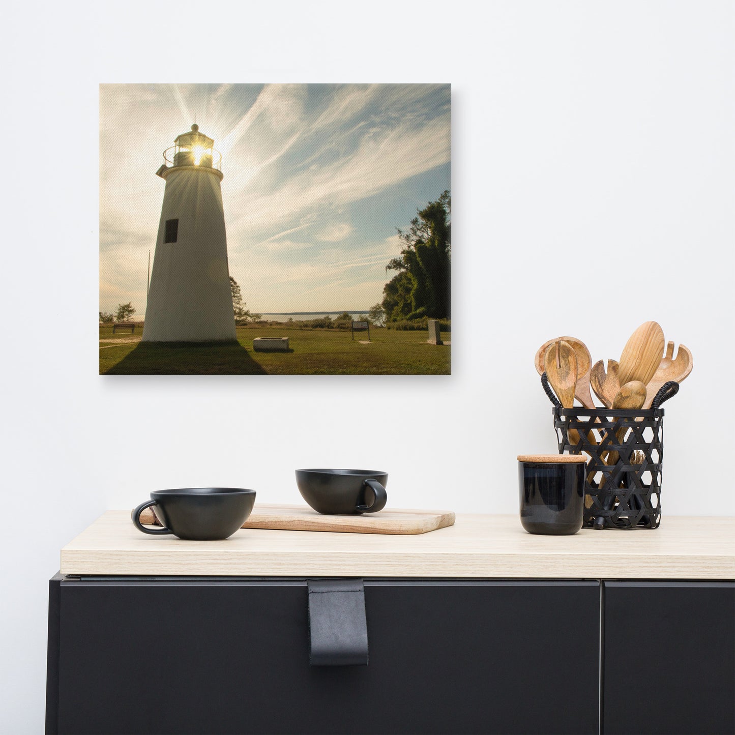 Turkey Point Lighthouse with Sun Flare Horizontal Canvas Wall Art Prints