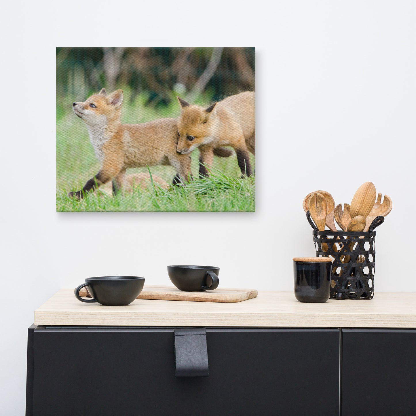 Canvas Wall Art Childrens Rooms: Playful Red Fox Pups In Field Animal / Wildlife / Nature Photograph Canvas Wall Art Print - Artwork