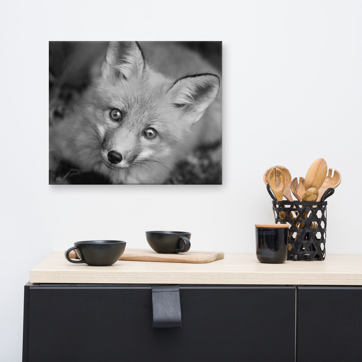 Young Red Fox Face Black and White Animal Wildlife Nature Photograph Canvas Wall Art Prints