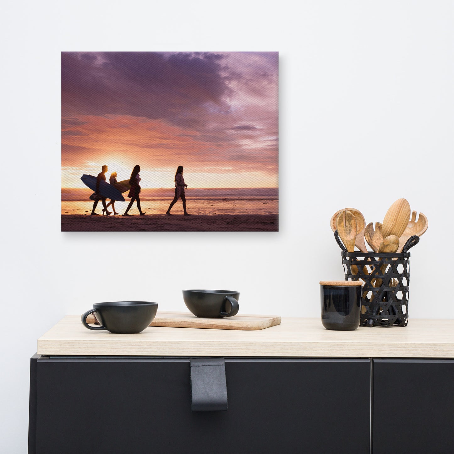 Surfers and Sunset on the Shore Coastal Landscape Lifestyle Photograph Canvas Wall Art Print