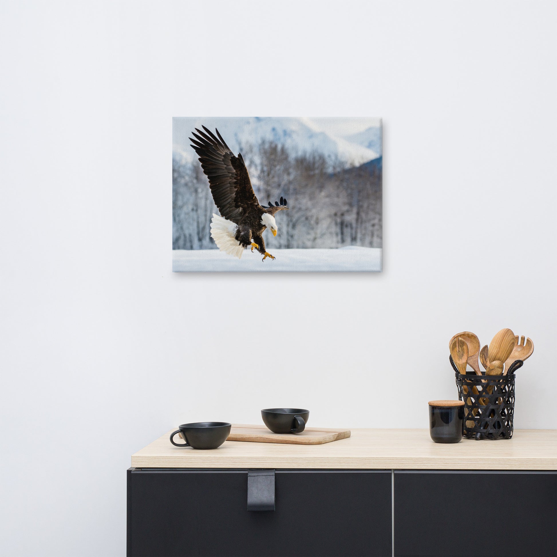wildlife canvas prints, Adult Bald Eagle and Alaskan Winter Photograph Wall Artwork Prints