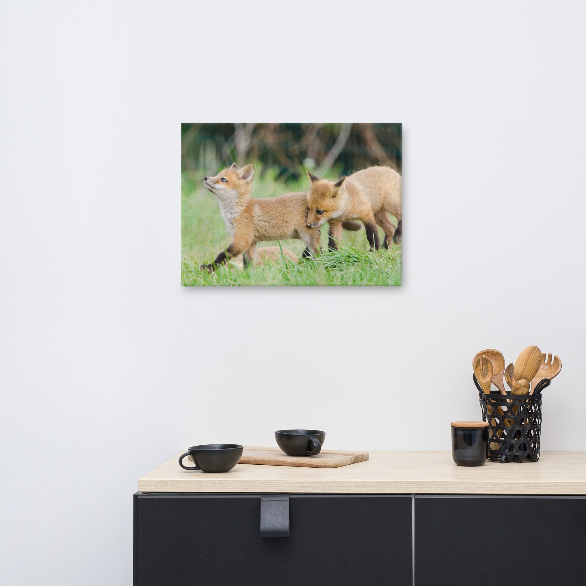 Childrens Bedroom Wall Canvas: Playful Red Fox Pups In Field Animal / Wildlife / Nature Photograph Canvas Wall Art Print - Artwork