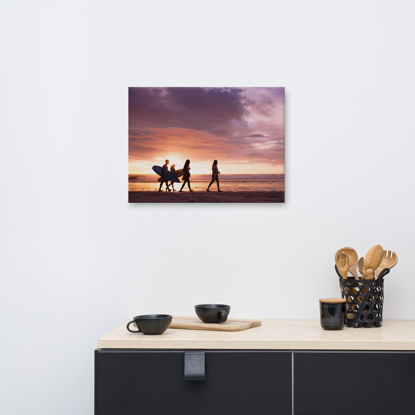 Surfers and Sunset on the Shore Coastal Landscape Lifestyle Photograph Canvas Wall Art Print