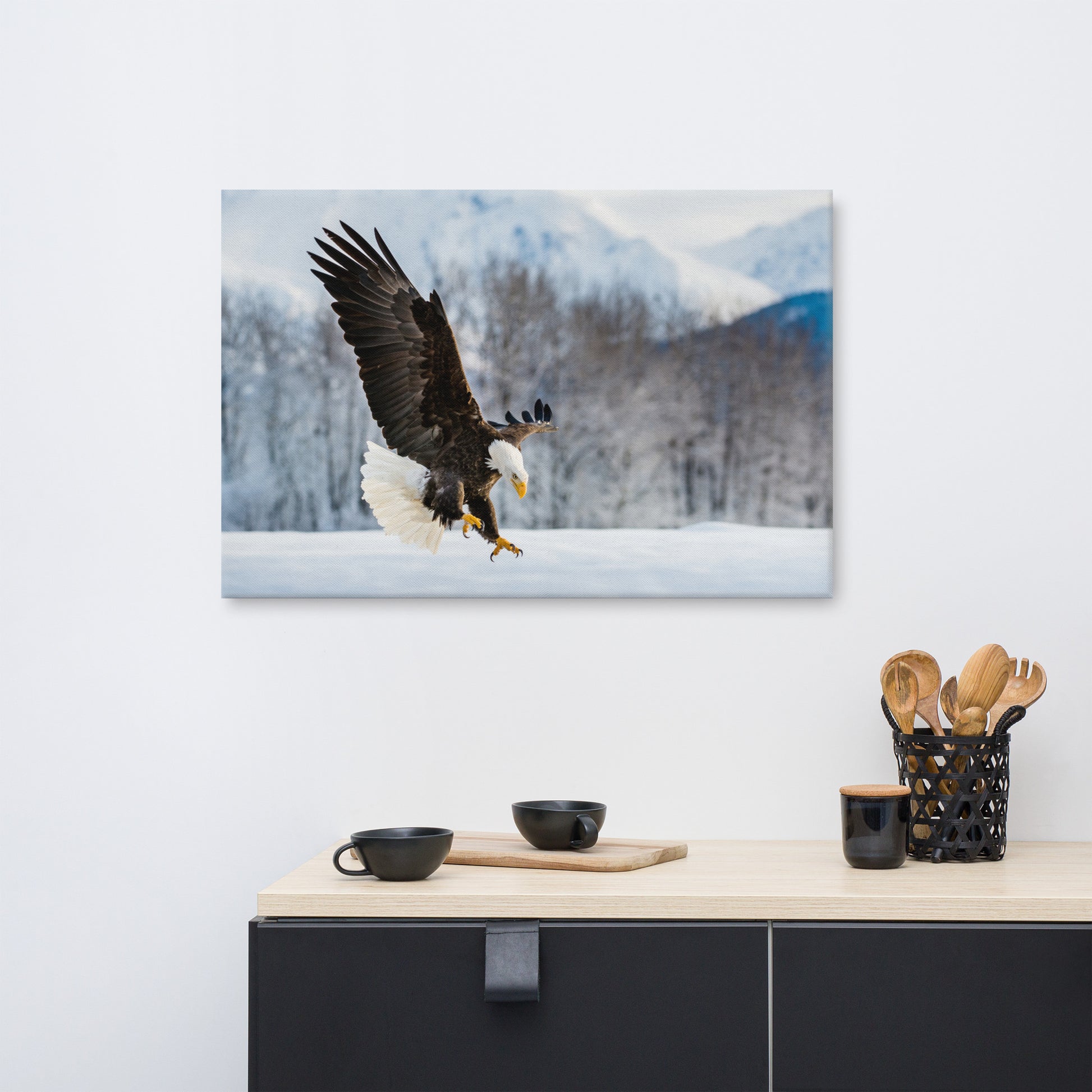 canvas wildlife wall art, Adult Bald Eagle and Alaskan Winter Photograph Wall Artwork Prints