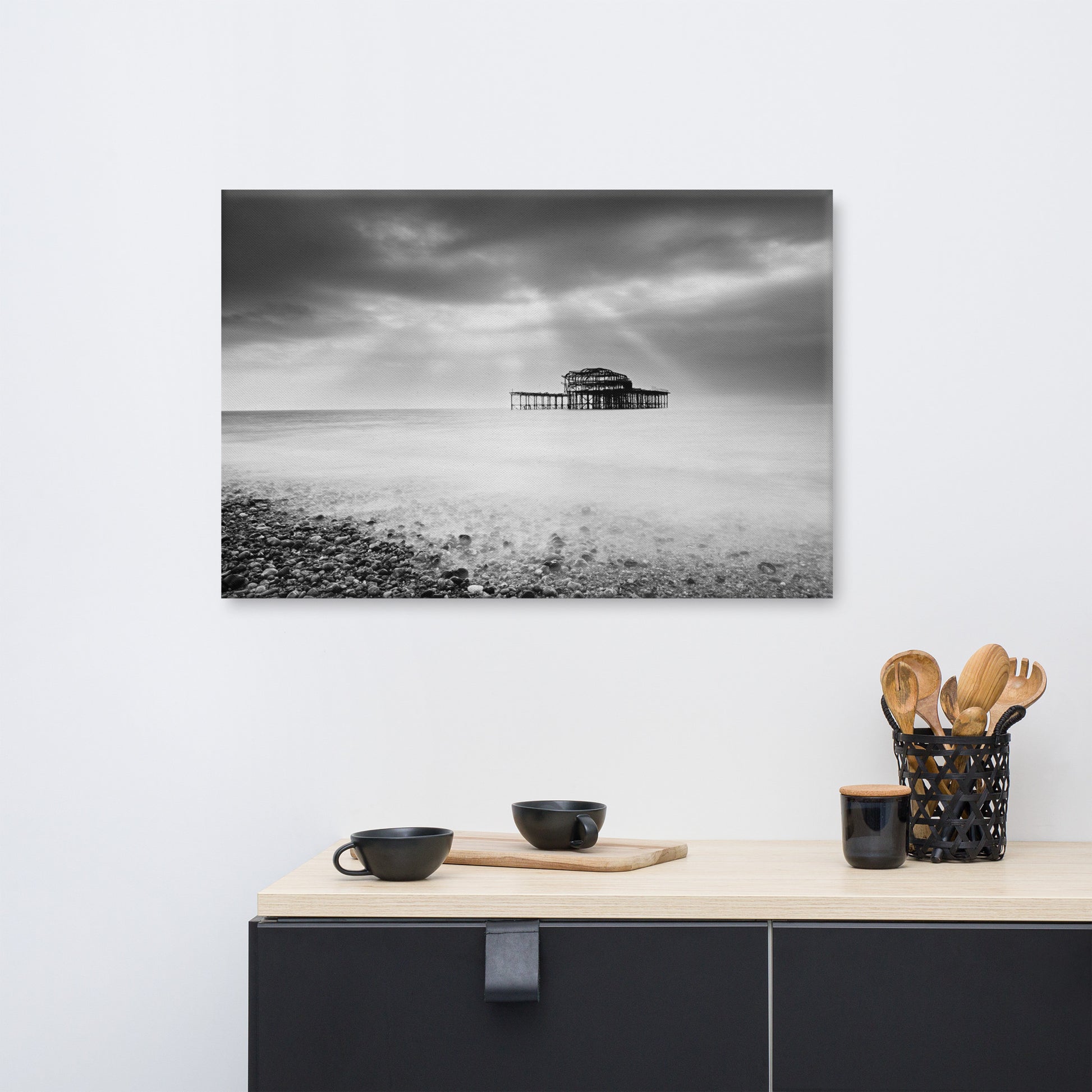 Art For Front Room: Abandoned West Pier Black and White - Coastal / Beach / Seascape / Nature / Landscape Photo Canvas Wall Art Print - Artwork - Wall Decor