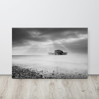 Lounge Room Art: Abandoned West Pier Black and White - Coastal / Beach / Seascape / Nature / Landscape Photo Canvas Wall Art Print - Artwork - Wall Decor