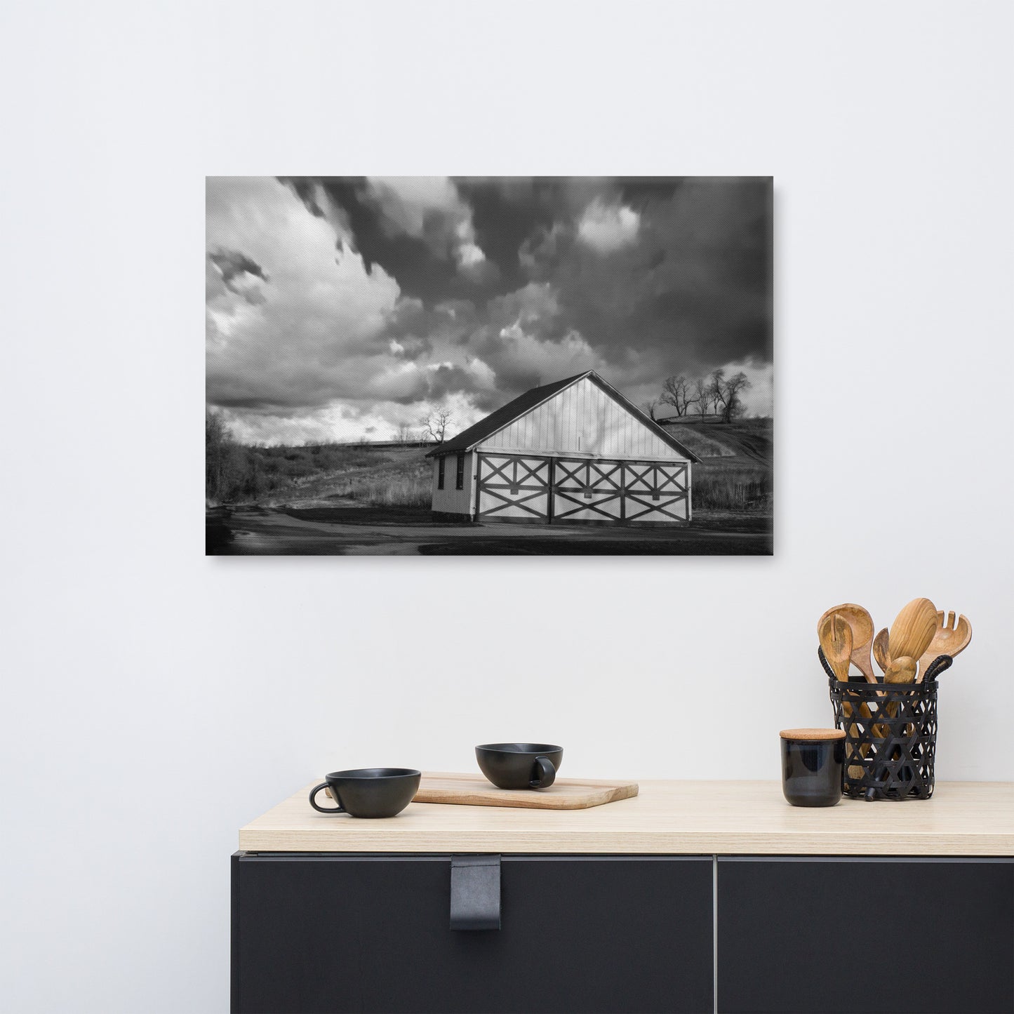 Dining Room Wall Decor: Aging Barn in the Morning Sun Black and White - Rural / Country / Farmhouse Style Landscape / Nature Photograph Canvas Wall Art Print - Wall Decor - Artwork