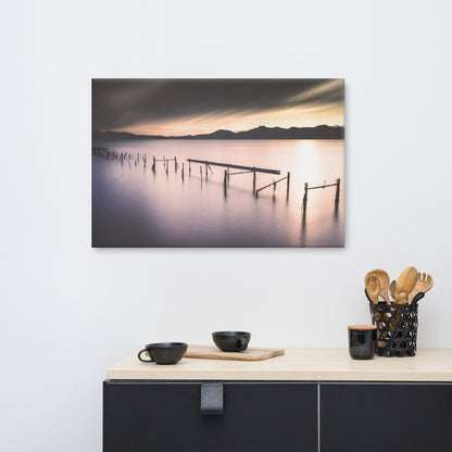 Moody Ruined Pier and Mountain Range Landscape Photo Canvas Wall Art Prints